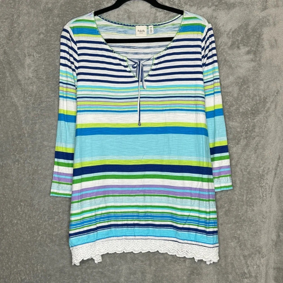 Rafaella Large Shirt Top Blue Striped 3/4 Sleeve Keyhole Scoop Neck Cotton Knit - Picture 1 of 6